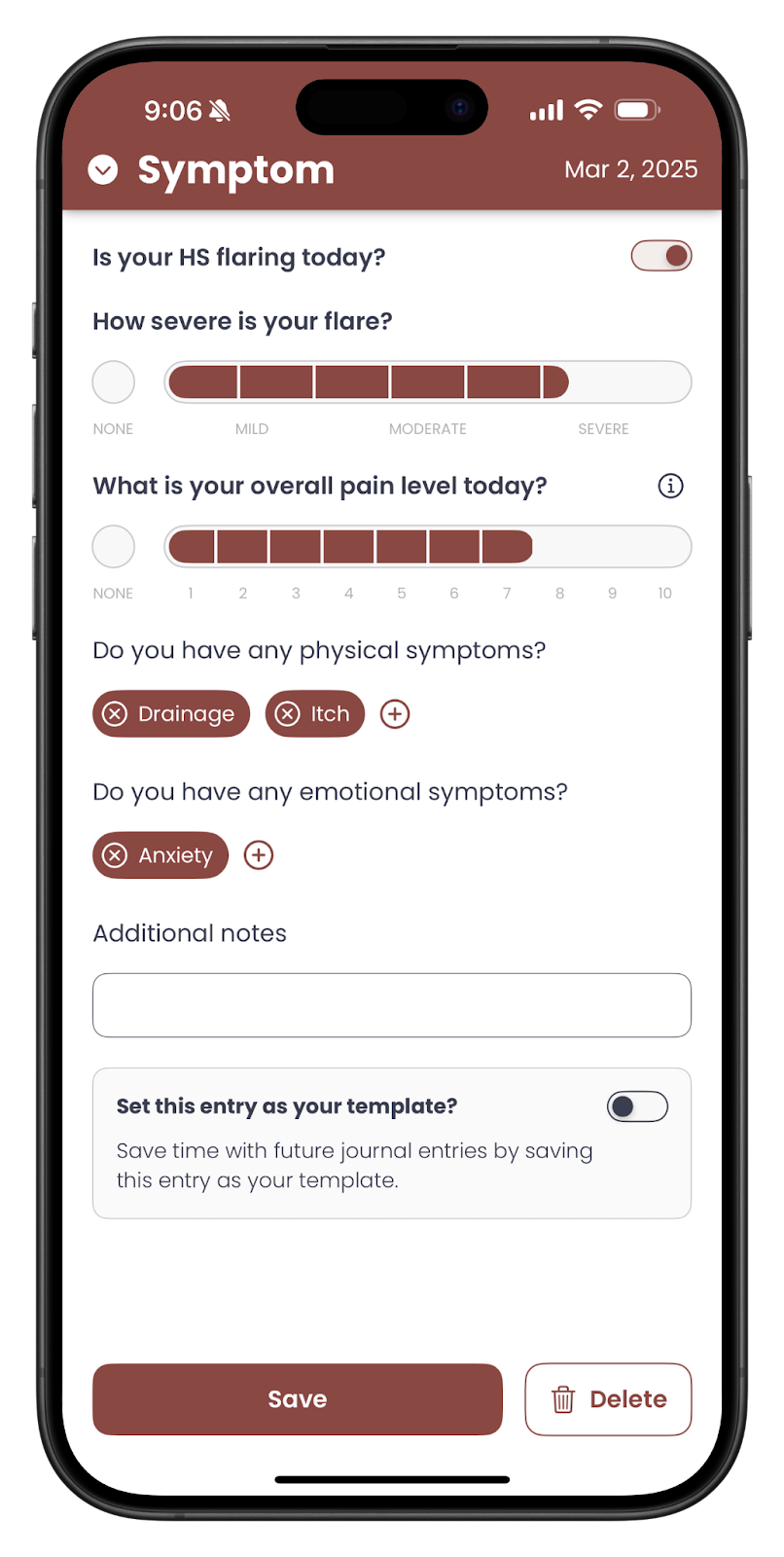 The Papaya for HS symptom entry screen